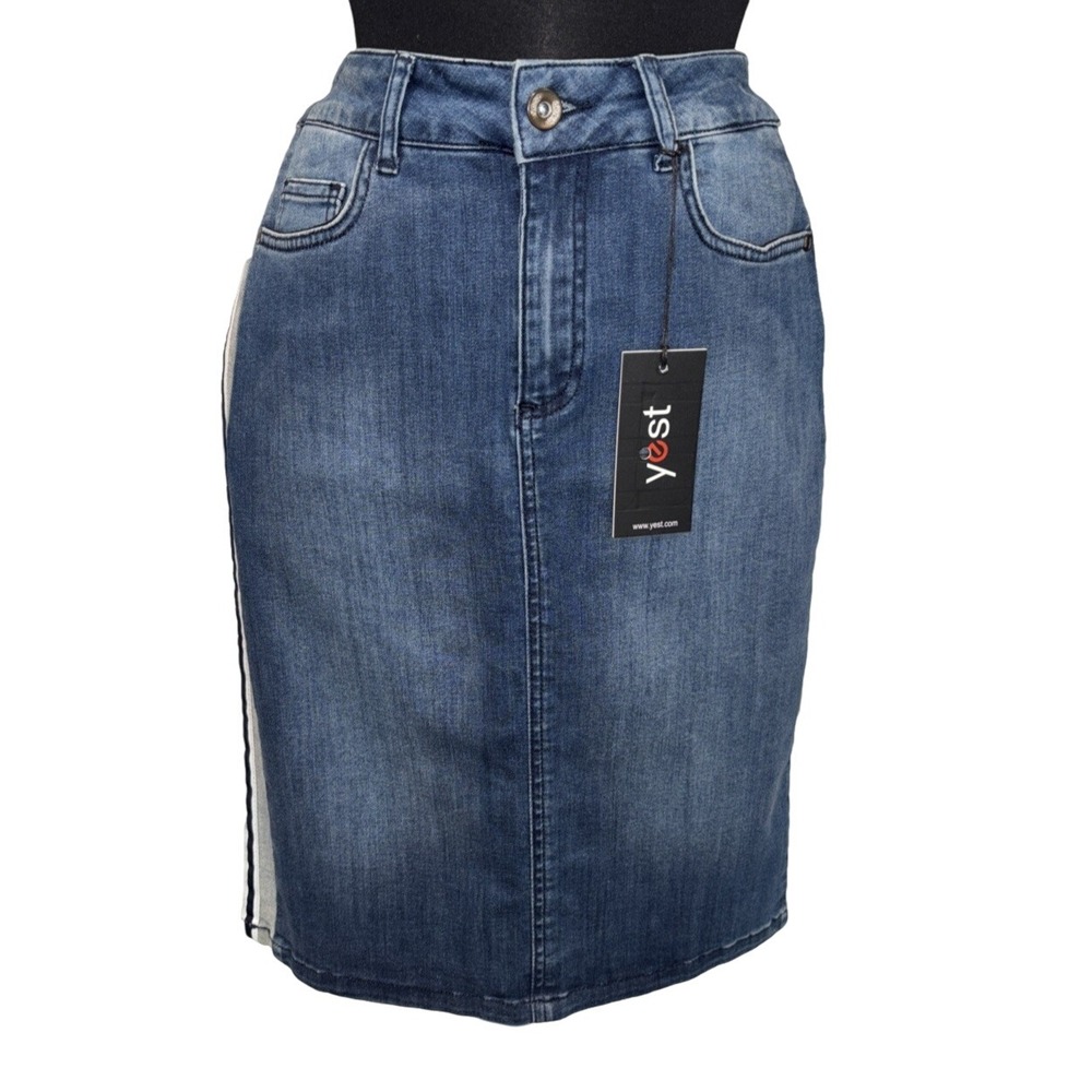 NEW Yest Side‎ Stripe Denim Skirt Women's Size 6 Blue Med Wash Stretch Pockets